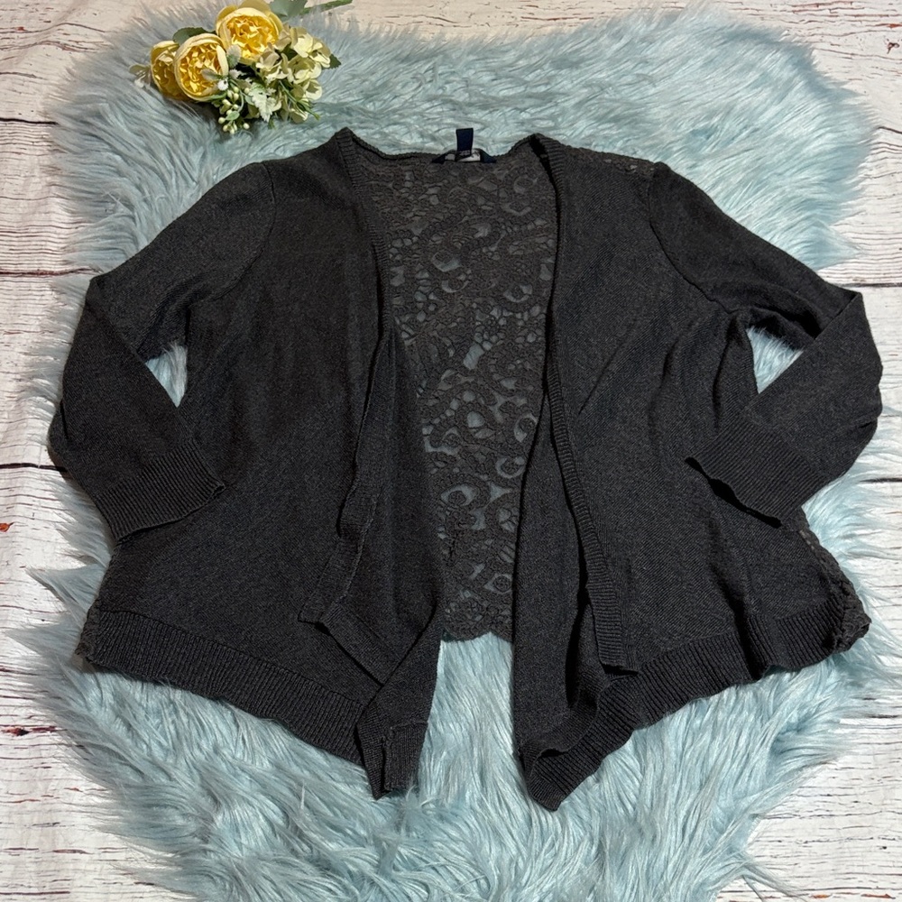 Vintage American Eagle Outfitters Charcoal Open-Front Lace Back Cardigan Sweater